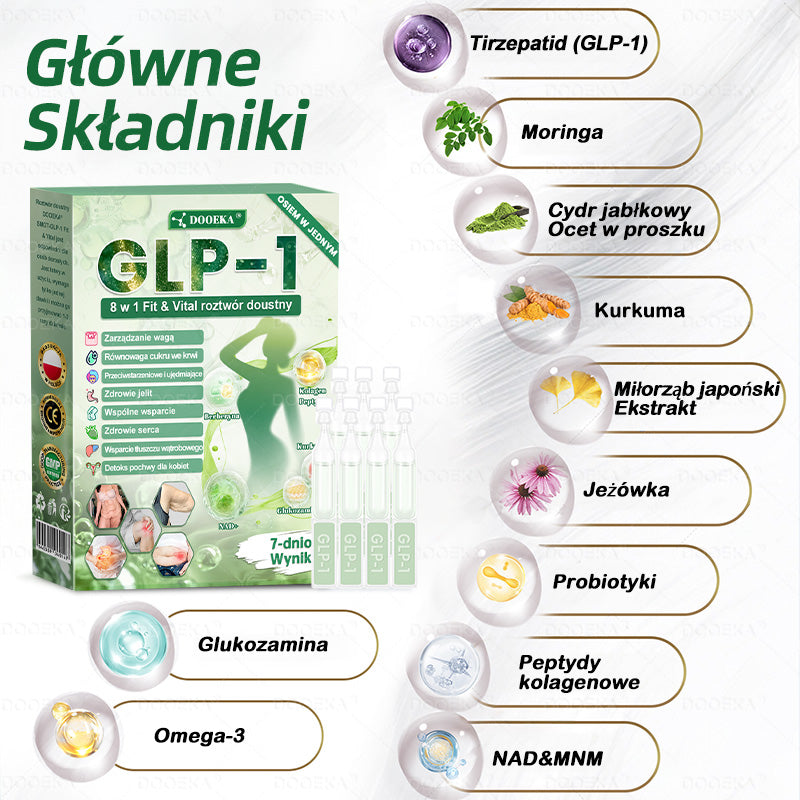 🏥DOOEKA® GLP-1 8 w 1 Fit & Vital roztwór doustny – Raz dziennie, widoczne zmiany w ciągu 7 dni / W przypadku otyłości, zdrowia serca i układu krążenia, cukrzycy, bezdechu sennego, zdrowia jelit, problemów ze stawami i wielu innych