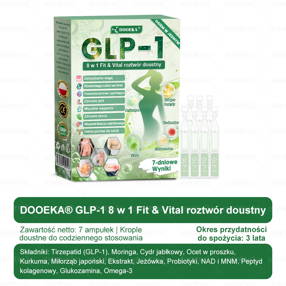 🏥DOOEKA® GLP-1 8 w 1 Fit & Vital roztwór doustny – Raz dziennie, widoczne zmiany w ciągu 7 dni / W przypadku otyłości, zdrowia serca i układu krążenia, cukrzycy, bezdechu sennego, zdrowia jelit, problemów ze stawami i wielu innych