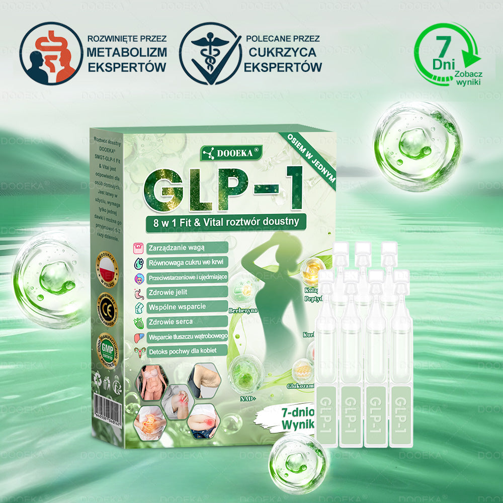 DOOEKA® GLP-1 8 w 1 Fit & Vital roztwór doustny – Raz dziennie, widoczne zmiany w ciągu 7 dni / W przypadku otyłości, zdrowia serca i układu krążenia, cukrzycy, bezdechu sennego, zdrowia jelit, problemów ze stawami i wielu innych